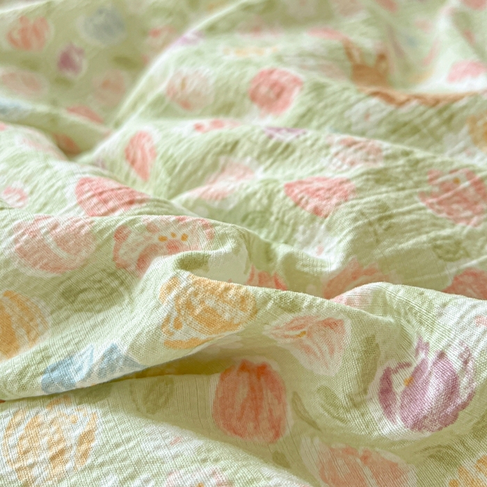 91家纺网 家纺一手货源 找家纺 仟网汇 2025新款云感皱皱纱简单款四件套 郁金香小兔绿