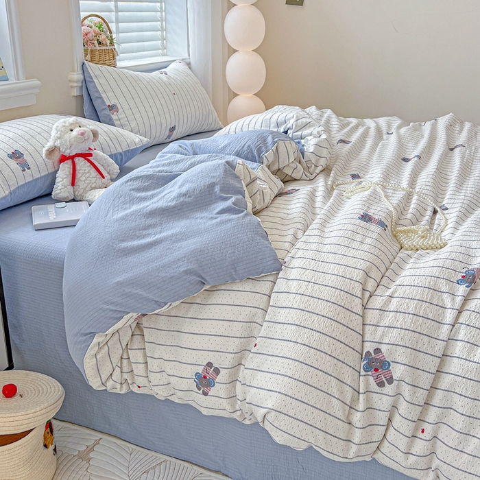 91家纺网 家纺一手货源 找家纺 仟网汇 2025新款云感皱皱纱简单款四件套 条纹小象