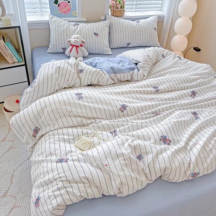 91家纺网 家纺一手货源 找家纺 仟网汇 2025新款云感皱皱纱简单款四件套 条纹小象