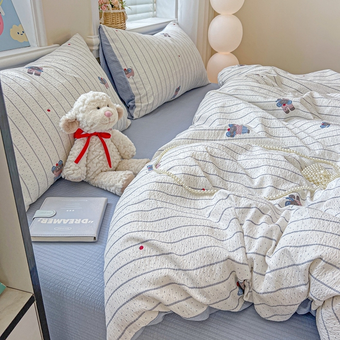 91家纺网 家纺一手货源 找家纺 仟网汇 2025新款云感皱皱纱简单款四件套 条纹小象