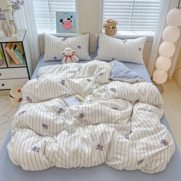 仟网汇 2025新款云感皱皱纱简单款四件套 条纹小象