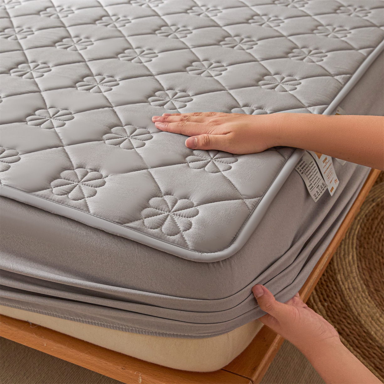 雯豆家纺 2025新款简约水洗棉夹棉床笠三件套绗缝款纯色床垫保护套-幸运草系列 幸运草-暮云灰