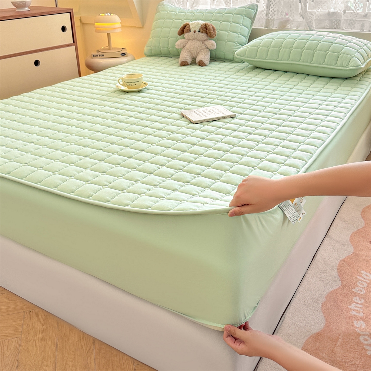 91家纺网 家纺一手货源 找家纺 雯豆家纺 2025新款简约防水款水洗棉夹棉床笠-雅韵 雅韵-清雅绿