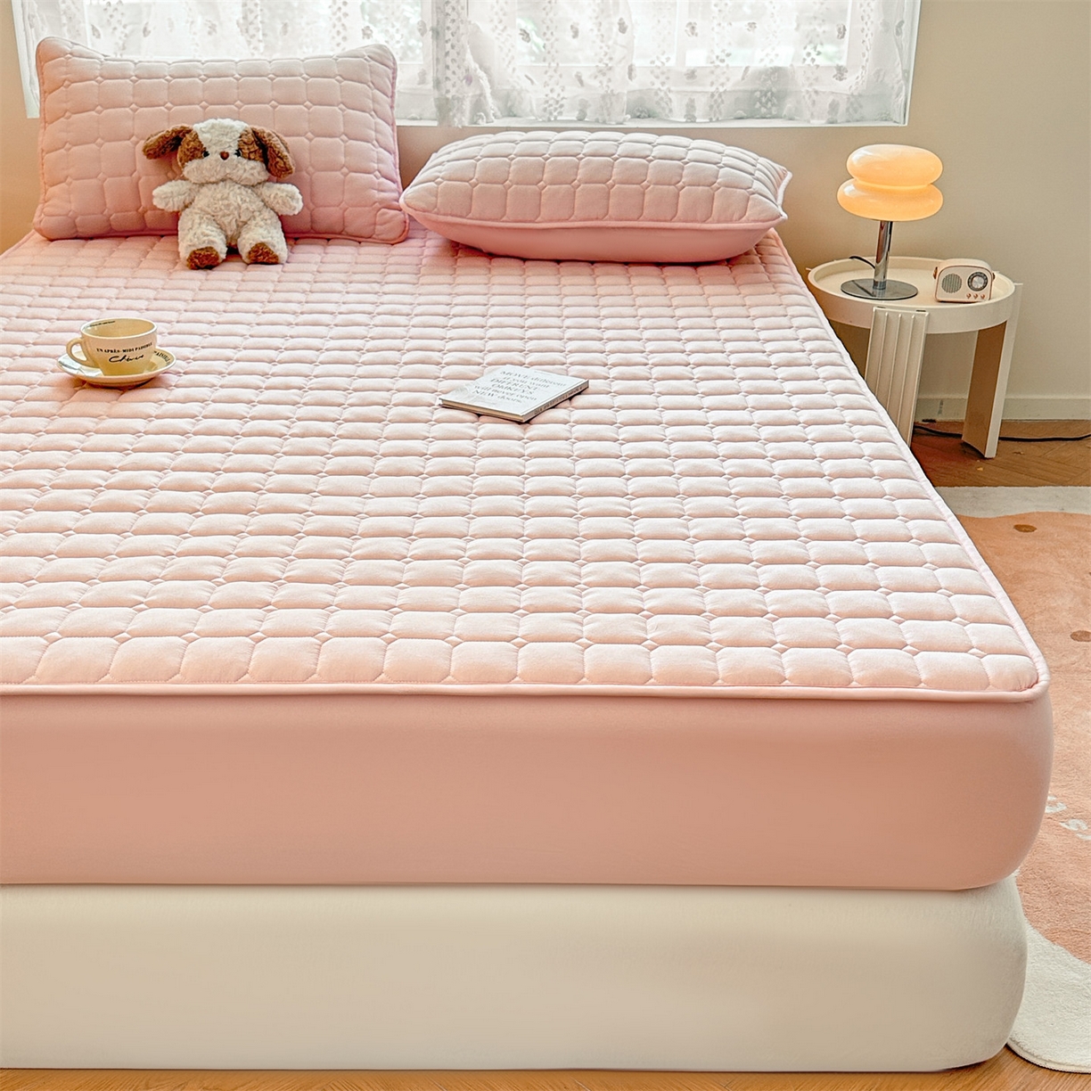 91家纺网 家纺一手货源 找家纺 雯豆家纺 2025新款简约防水款水洗棉夹棉床笠-雅韵 雅韵-密合粉