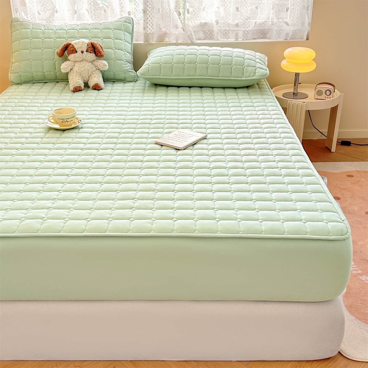 91家纺网 家纺一手货源 找家纺 雯豆家纺 2025新款简约防水款水洗棉夹棉床笠-雅韵 雅韵-清雅绿