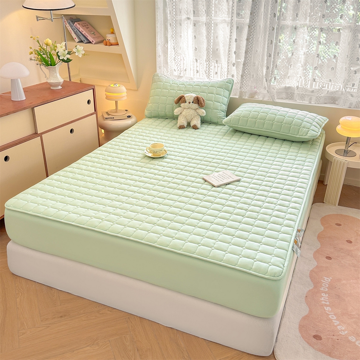 91家纺网 家纺一手货源 找家纺 雯豆家纺 2025新款简约防水款水洗棉夹棉床笠-雅韵 雅韵-清雅绿