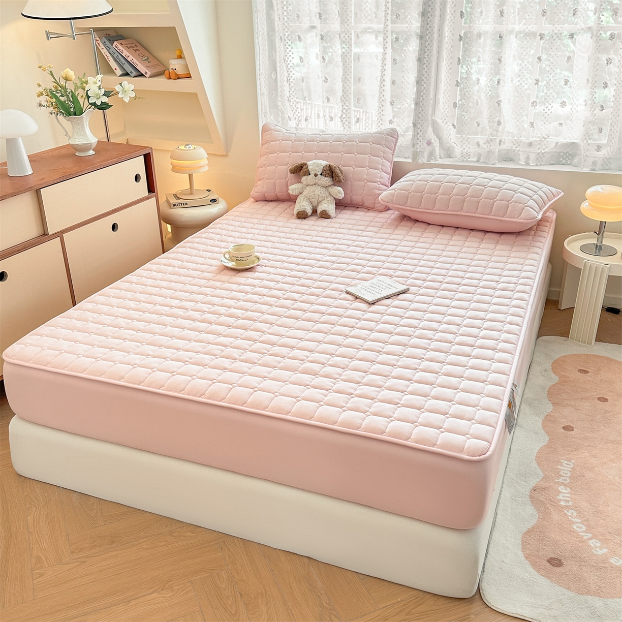 91家纺网 家纺一手货源 找家纺 雯豆家纺 2025新款简约防水款水洗棉夹棉床笠-雅韵 雅韵-密合粉