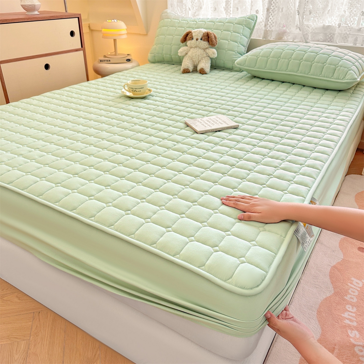 91家纺网 家纺一手货源 找家纺 雯豆家纺 2025新款简约防水款水洗棉夹棉床笠-雅韵 雅韵-清雅绿