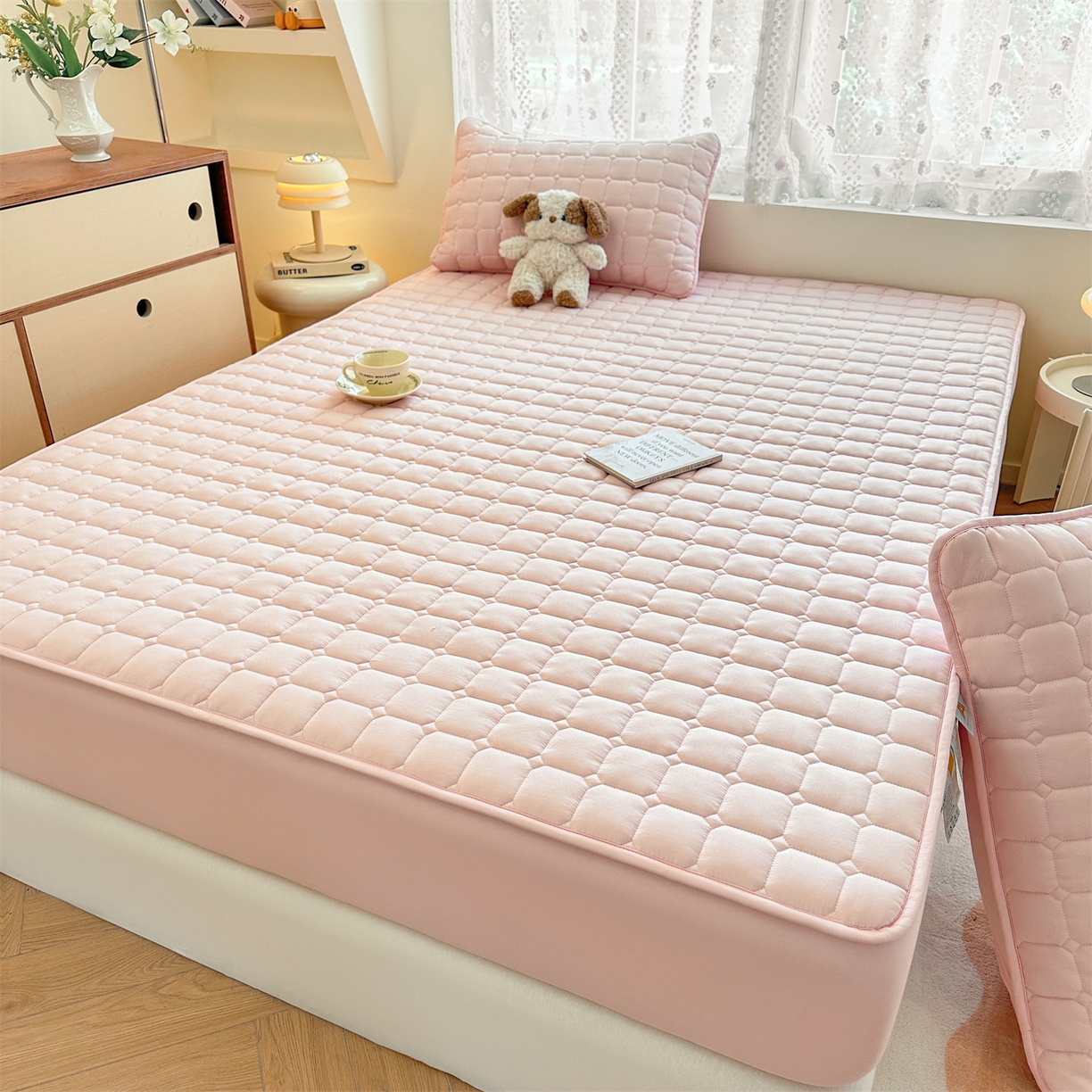 91家纺网 家纺一手货源 找家纺 雯豆家纺 2025新款简约防水款水洗棉夹棉床笠-雅韵 雅韵-密合粉