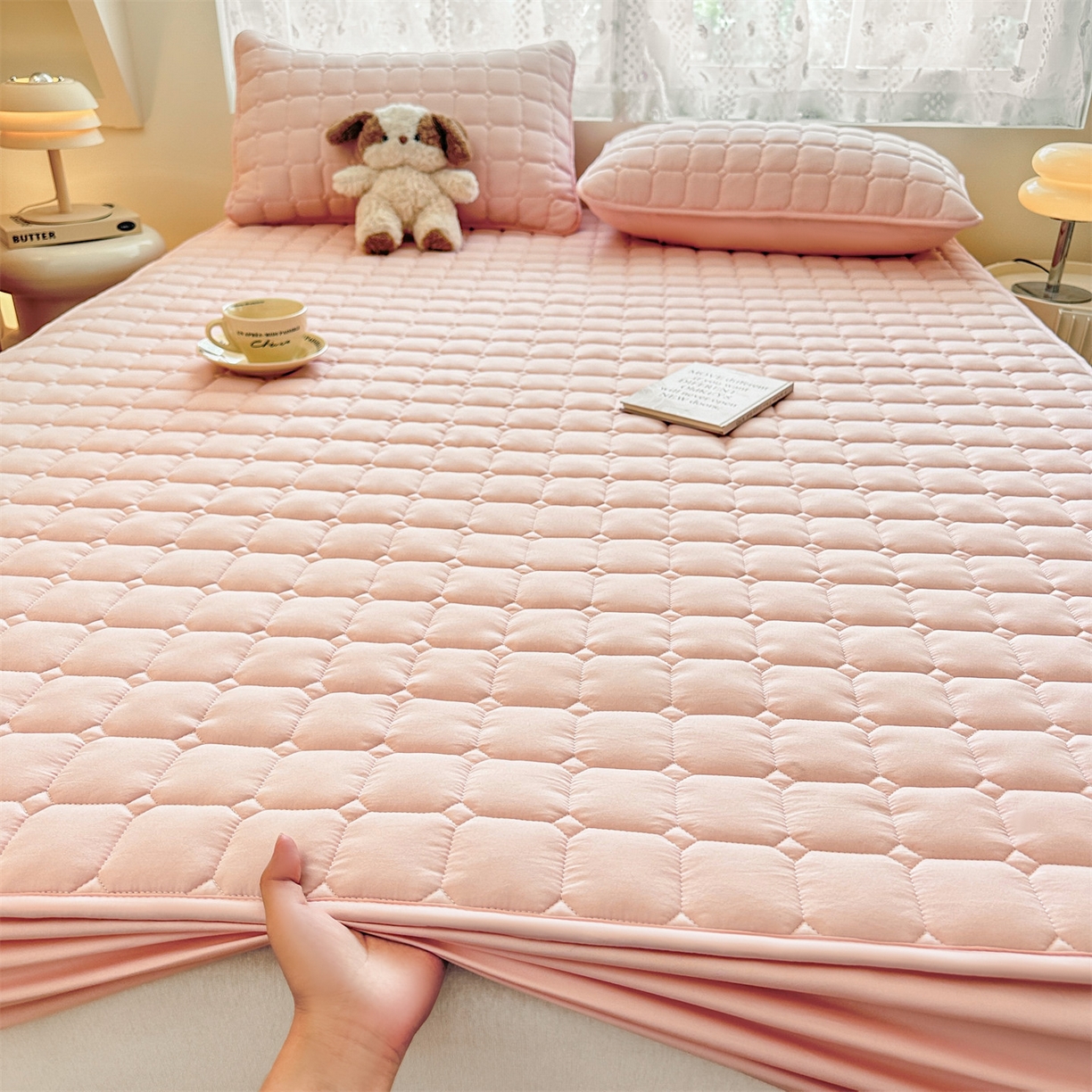 91家纺网 家纺一手货源 找家纺 雯豆家纺 2025新款简约防水款水洗棉夹棉床笠-雅韵 雅韵-密合粉