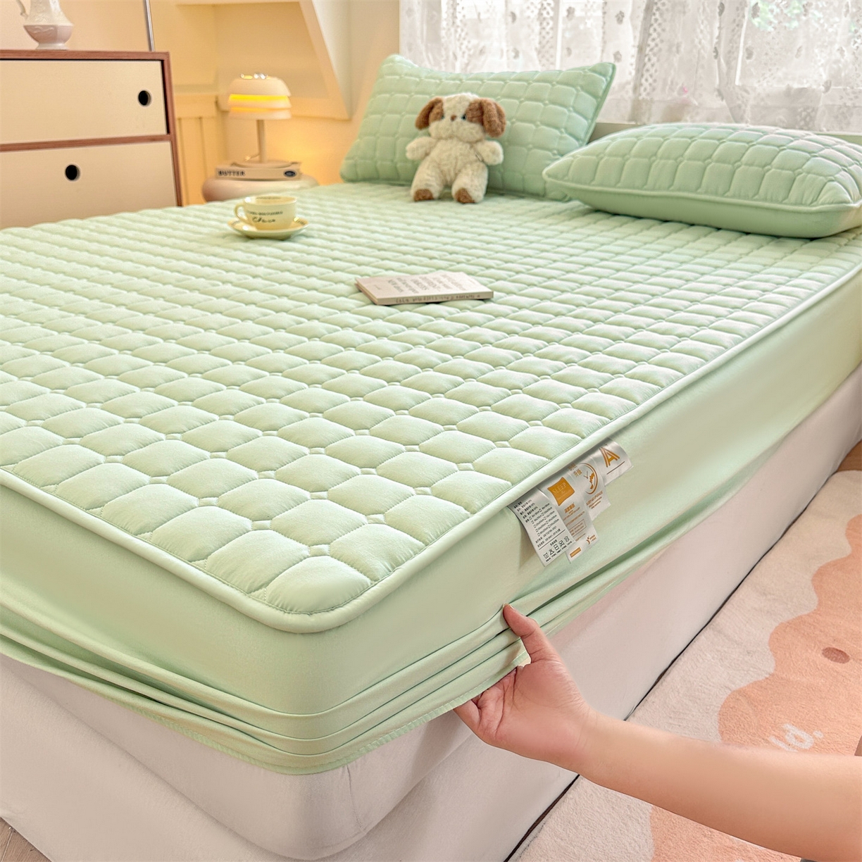 91家纺网 家纺一手货源 找家纺 雯豆家纺 2025新款简约防水款水洗棉夹棉床笠-雅韵 雅韵-清雅绿