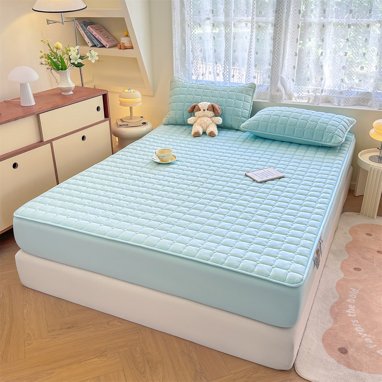 91家纺网 家纺一手货源 找家纺 雯豆家纺 2025新款简约防水款水洗棉夹棉床笠-雅韵 雅韵-淡水蓝