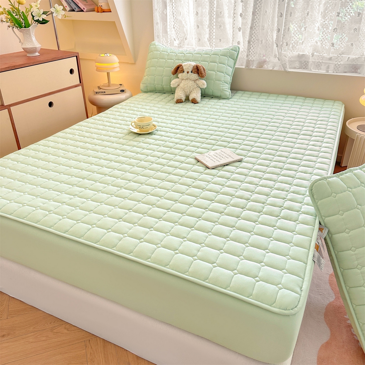 91家纺网 家纺一手货源 找家纺 雯豆家纺 2025新款简约防水款水洗棉夹棉床笠-雅韵 雅韵-清雅绿