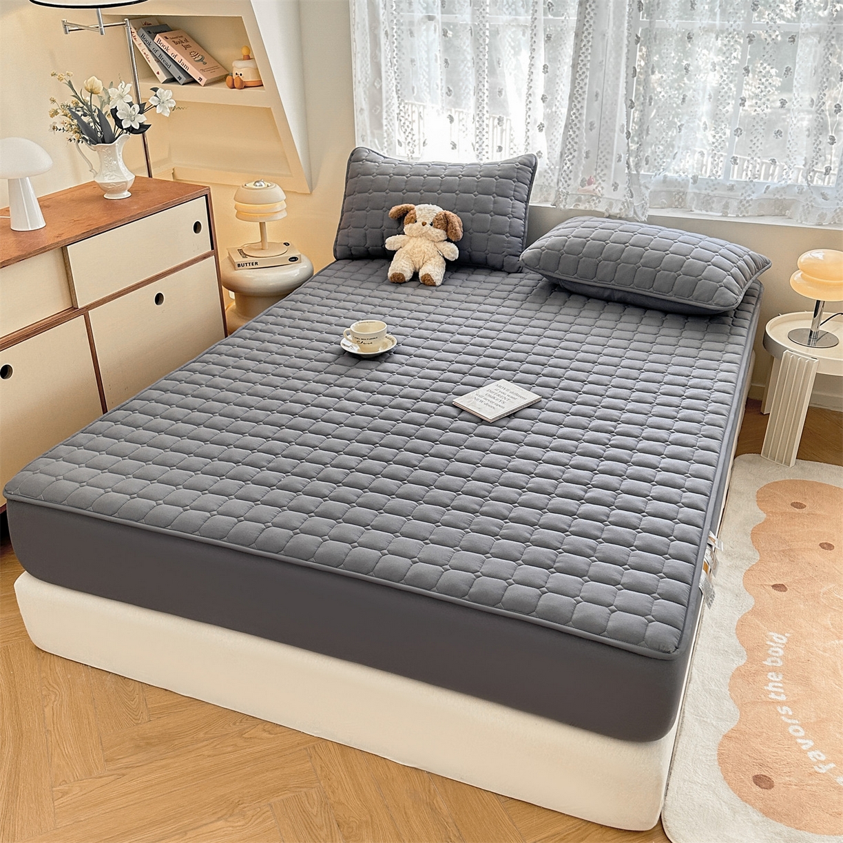 91家纺网 家纺一手货源 找家纺 雯豆家纺 2025新款简约防水款水洗棉夹棉床笠-雅韵 雅韵-深空灰