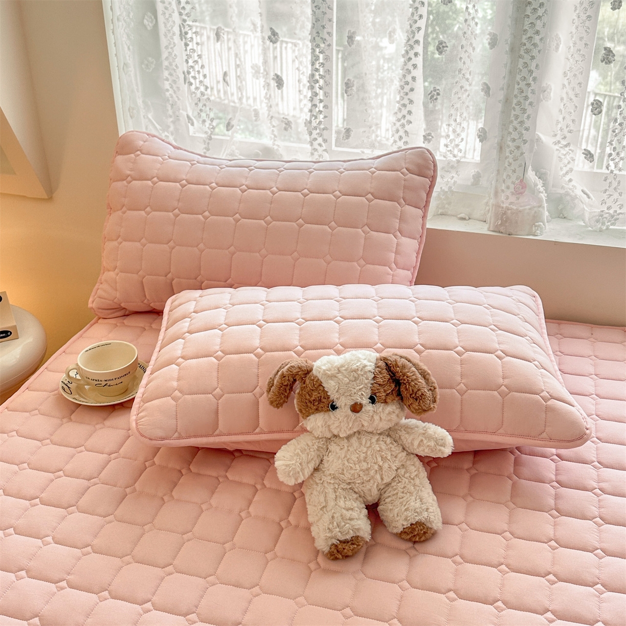 91家纺网 家纺一手货源 找家纺 雯豆家纺 2025新款简约防水款水洗棉夹棉床笠-雅韵 雅韵-密合粉