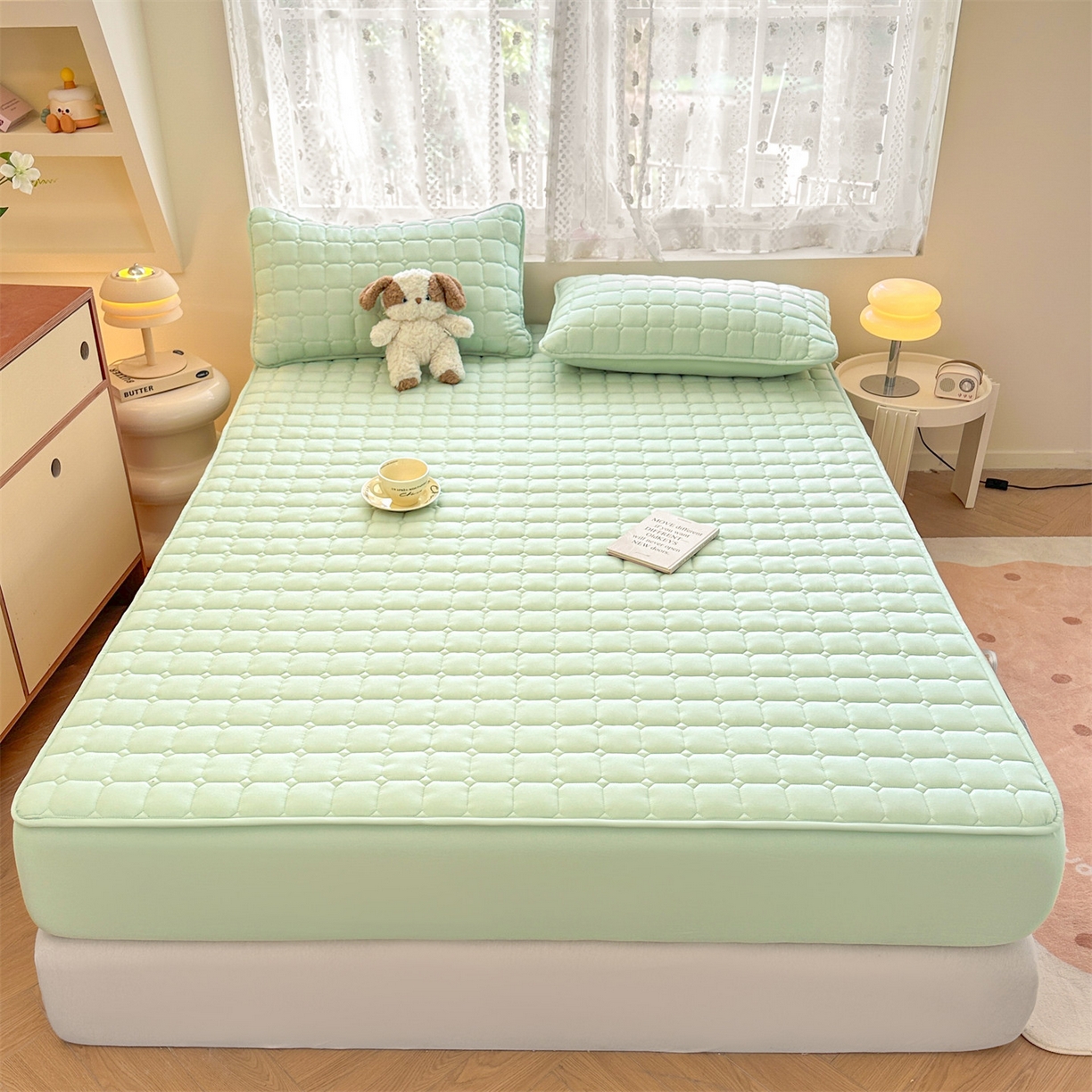 91家纺网 家纺一手货源 找家纺 雯豆家纺 2025新款简约防水款水洗棉夹棉床笠-雅韵 雅韵-清雅绿