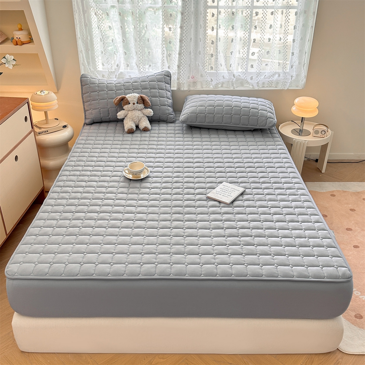 91家纺网 家纺一手货源 找家纺 雯豆家纺 2025新款简约防水款水洗棉夹棉床笠-雅韵 雅韵-暮云灰