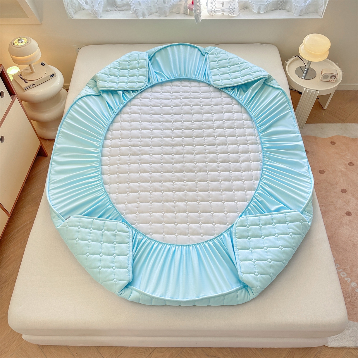 91家纺网 家纺一手货源 找家纺 雯豆家纺 2025新款简约防水款水洗棉夹棉床笠-雅韵 雅韵-淡水蓝