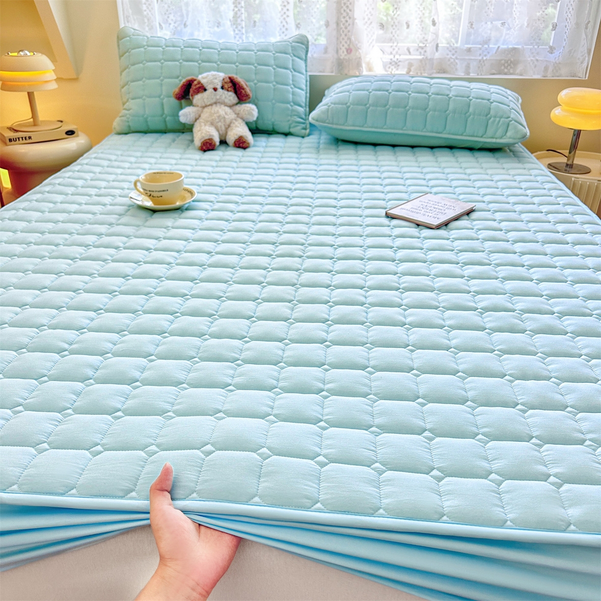 91家纺网 家纺一手货源 找家纺 雯豆家纺 2025新款简约防水款水洗棉夹棉床笠-雅韵 雅韵-淡水蓝