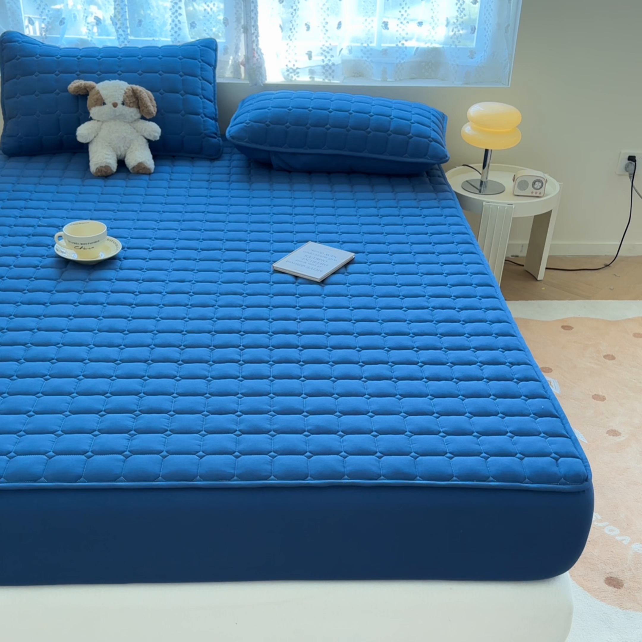 91家纺网 家纺一手货源 找家纺 雯豆家纺 2025新款简约防水款水洗棉夹棉床笠-雅韵 雅韵-黛蓝