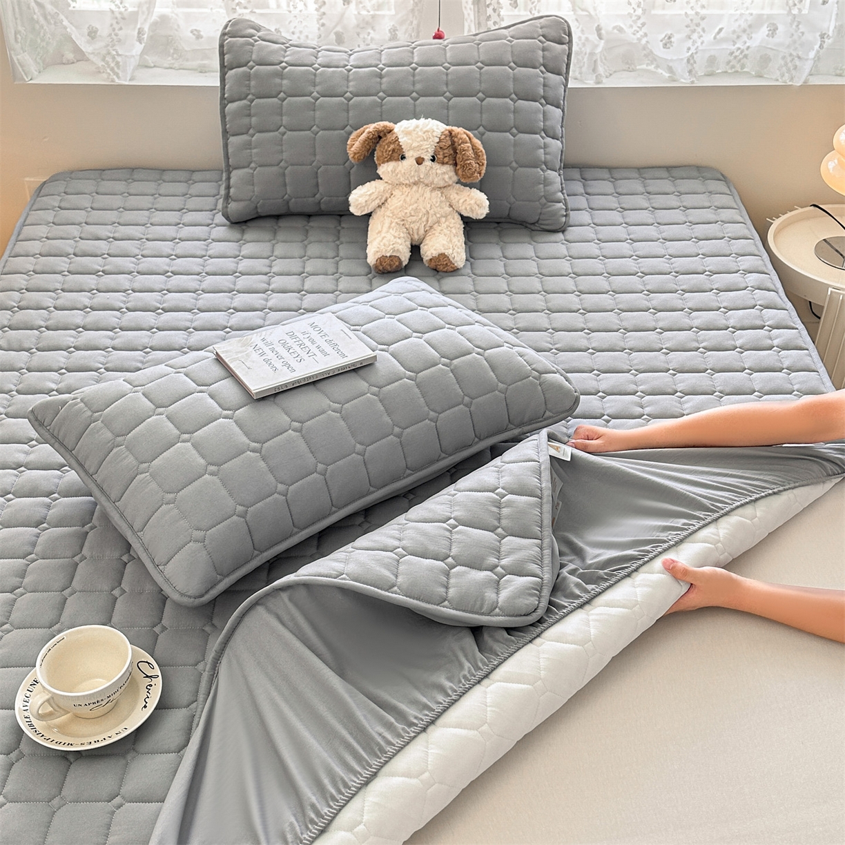 91家纺网 家纺一手货源 找家纺 （总）雯豆家纺 2025新款简约水洗棉夹棉床笠-雅韵