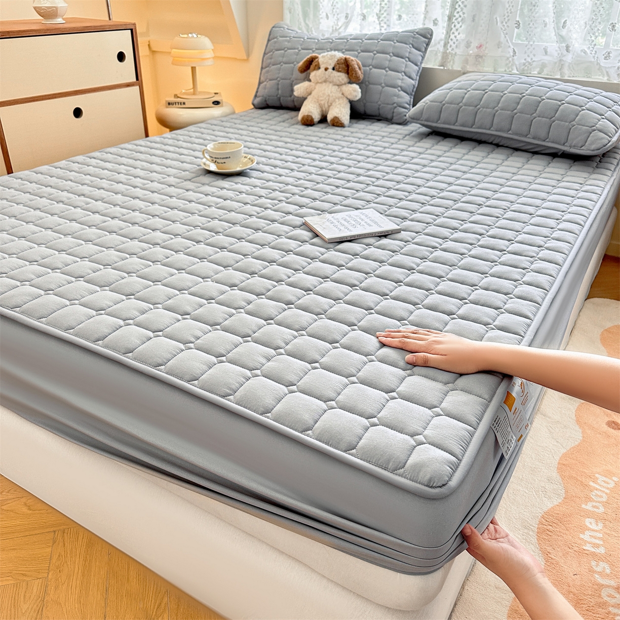 91家纺网 家纺一手货源 找家纺 雯豆家纺 2025新款简约水洗棉夹棉床笠-雅韵 雅韵-暮云灰