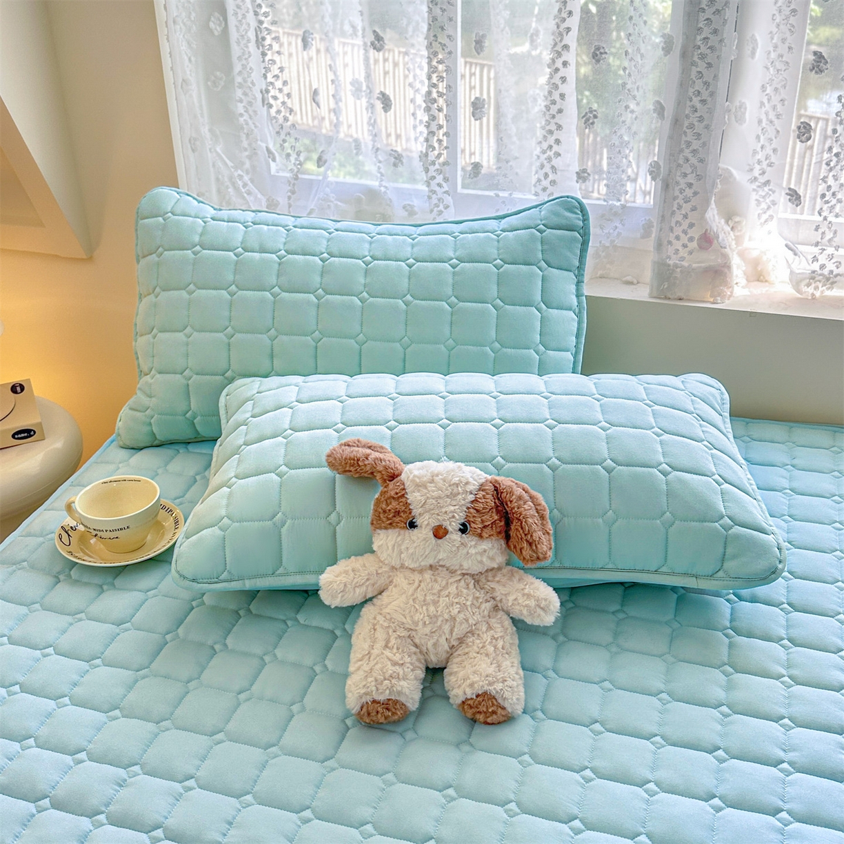 91家纺网 家纺一手货源 找家纺 雯豆家纺 2025新款简约水洗棉夹棉床笠-雅韵 雅韵-淡水蓝