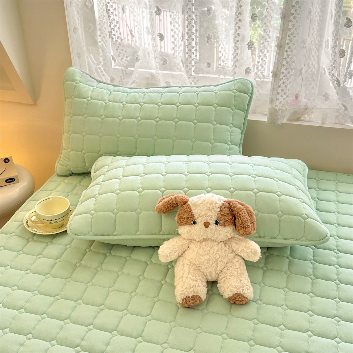 91家纺网 家纺一手货源 找家纺 雯豆家纺 2025新款简约水洗棉夹棉床笠-雅韵 雅韵-清雅绿