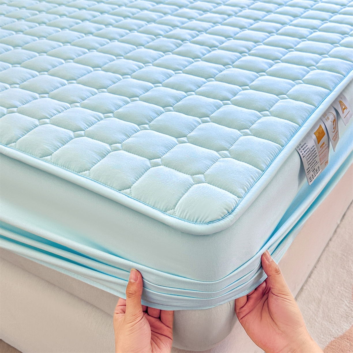 91家纺网 家纺一手货源 找家纺 雯豆家纺 2025新款简约水洗棉夹棉床笠-雅韵 雅韵-淡水蓝