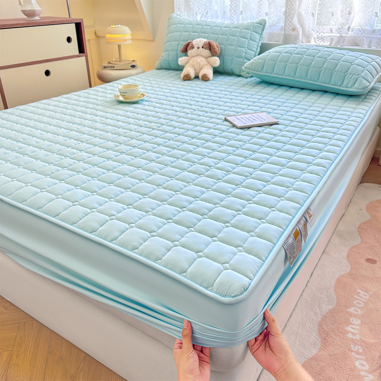 91家纺网 家纺一手货源 找家纺 雯豆家纺 2025新款简约水洗棉夹棉床笠-雅韵 雅韵-淡水蓝