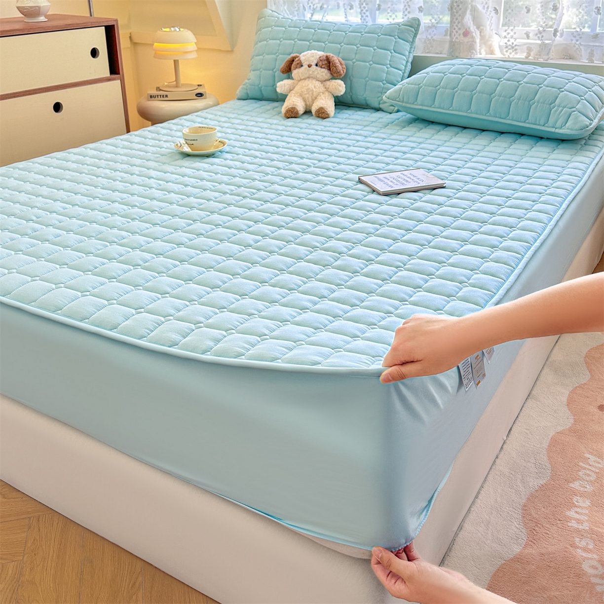 91家纺网 家纺一手货源 找家纺 雯豆家纺 2025新款简约水洗棉夹棉床笠-雅韵 雅韵-淡水蓝