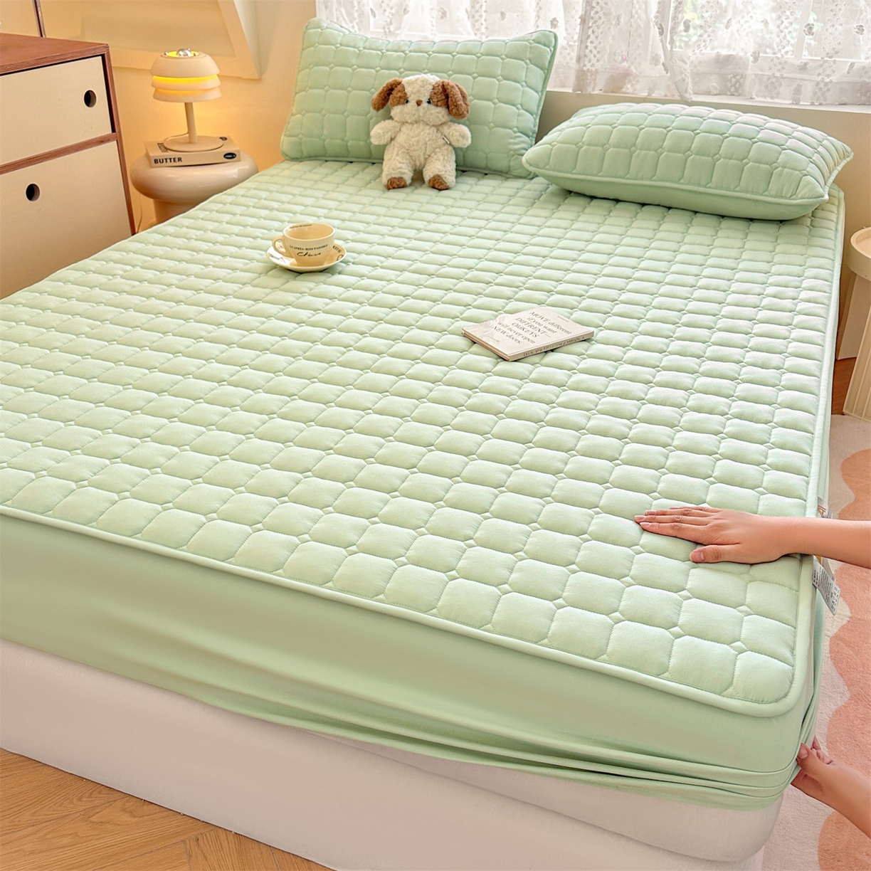 91家纺网 家纺一手货源 找家纺 雯豆家纺 2025新款简约水洗棉夹棉床笠-雅韵 雅韵-清雅绿