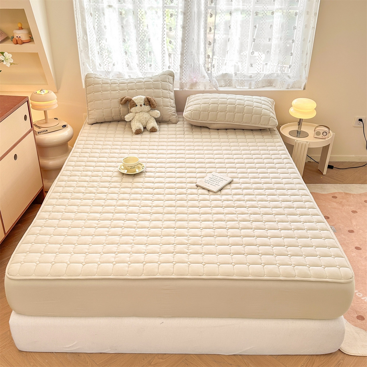 91家纺网 家纺一手货源 找家纺 雯豆家纺 2025新款简约水洗棉夹棉床笠-雅韵 雅韵-奶咖