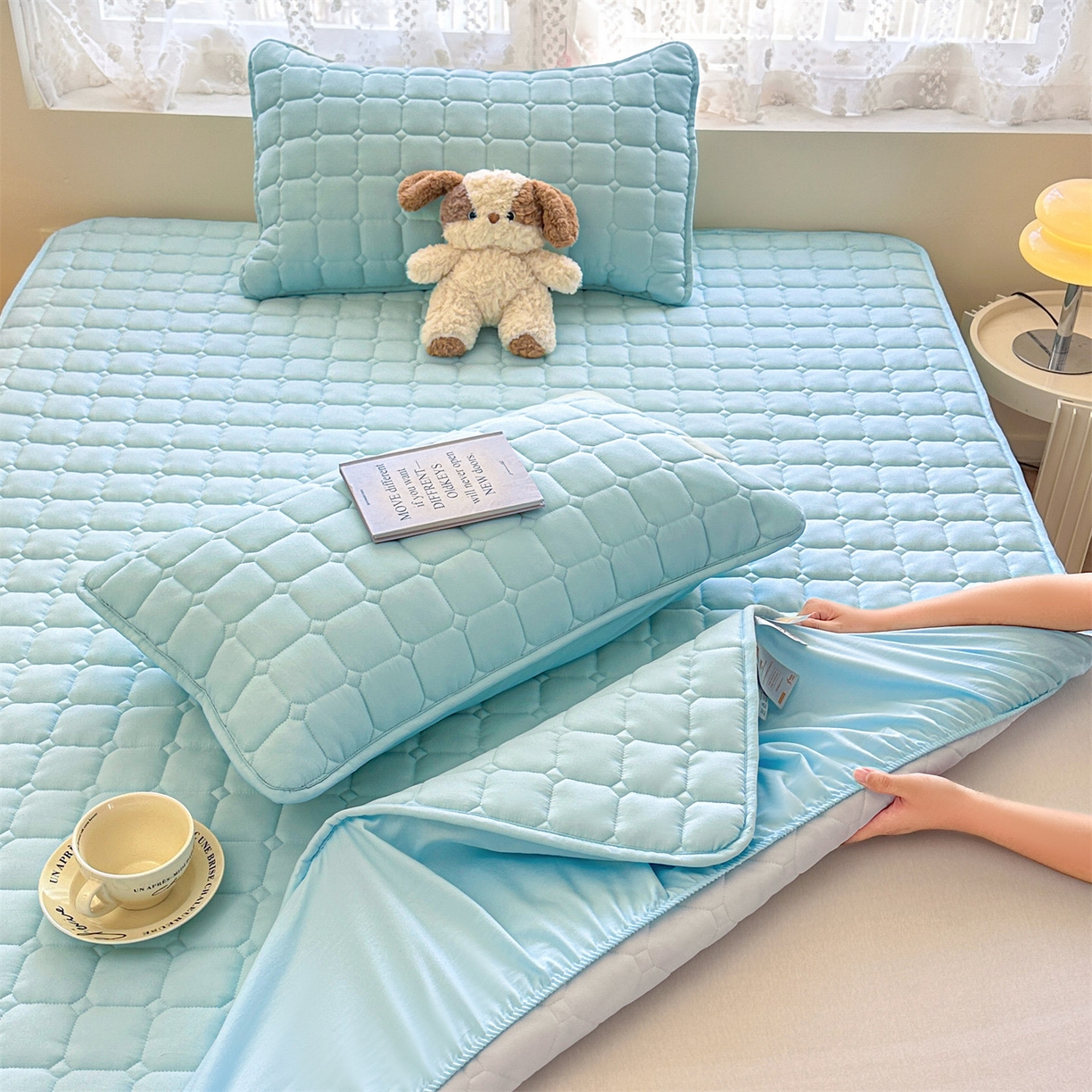 91家纺网 家纺一手货源 找家纺 雯豆家纺 2025新款简约水洗棉夹棉床笠-雅韵 雅韵-淡水蓝