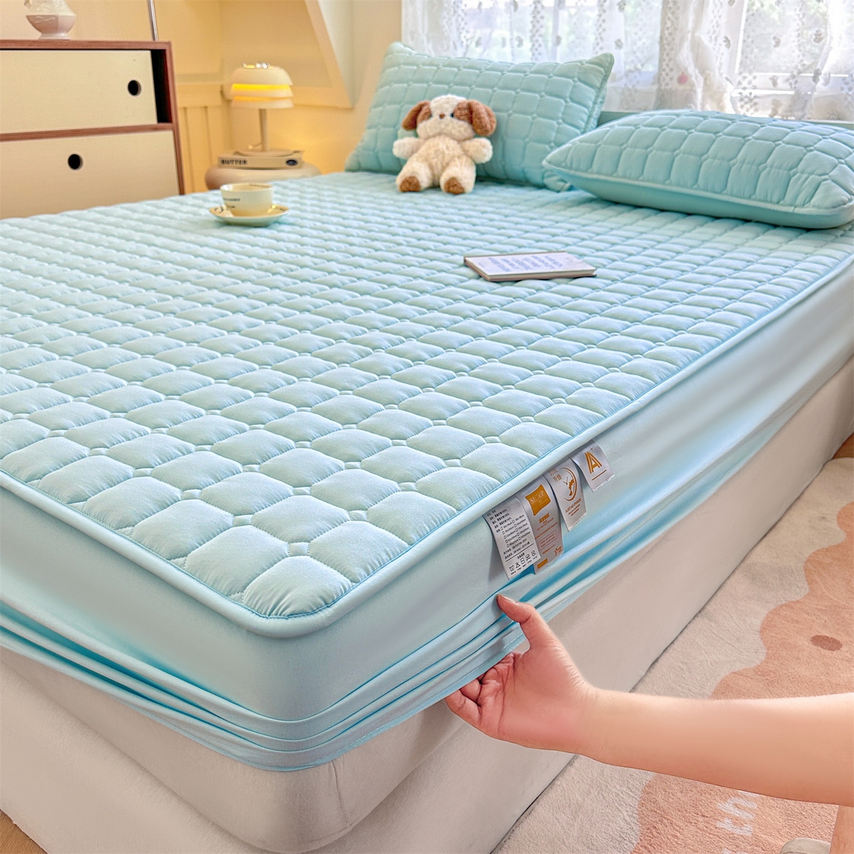 91家纺网 家纺一手货源 找家纺 雯豆家纺 2025新款简约水洗棉夹棉床笠-雅韵 雅韵-淡水蓝