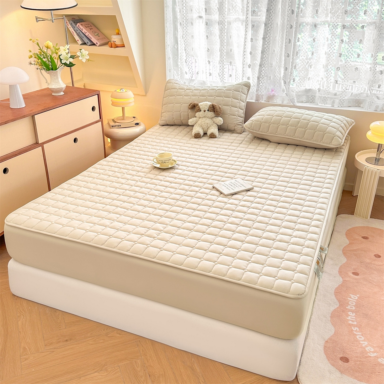 91家纺网 家纺一手货源 找家纺 雯豆家纺 2025新款简约水洗棉夹棉床笠-雅韵 雅韵-奶咖