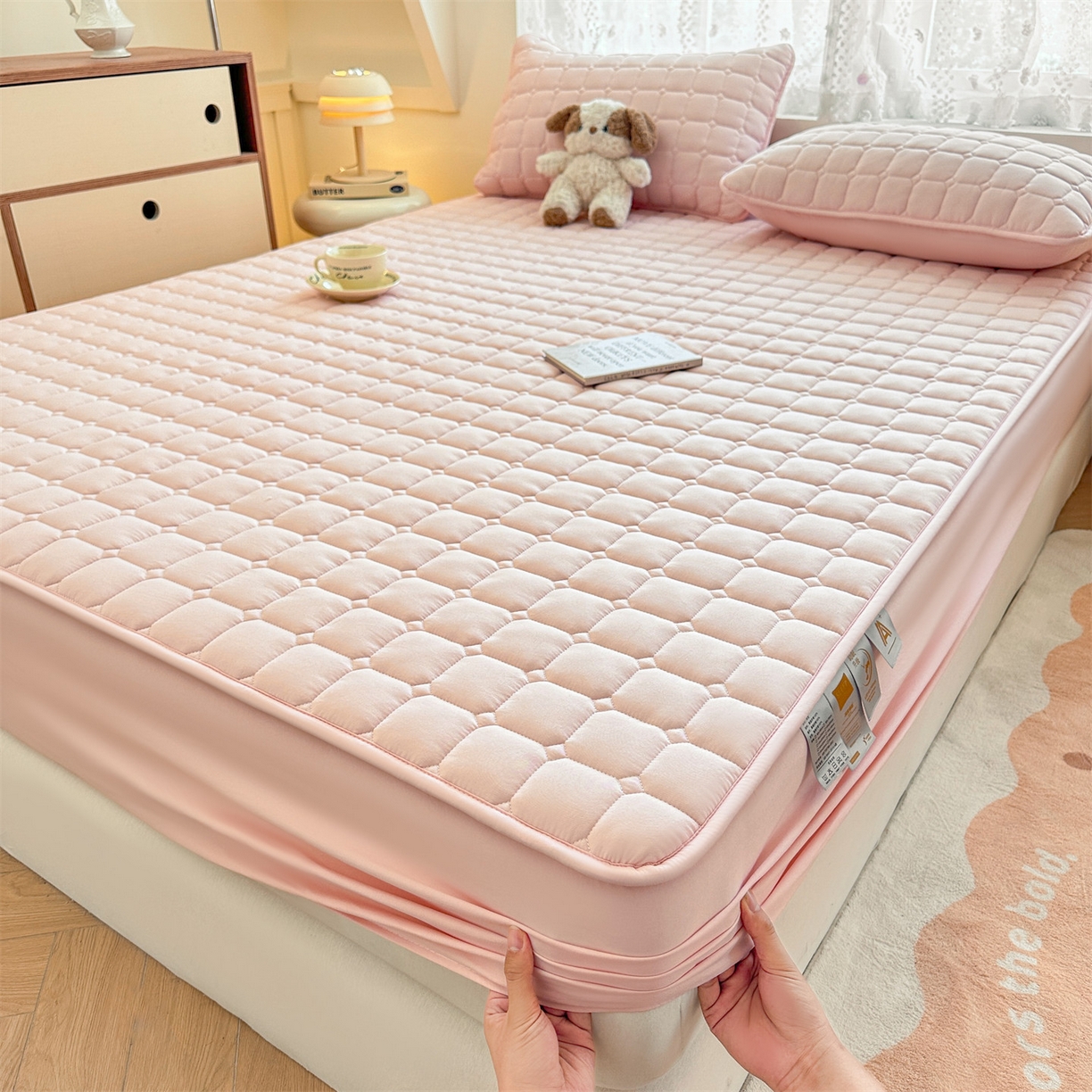 91家纺网 家纺一手货源 找家纺 雯豆家纺 2025新款简约水洗棉夹棉床笠-雅韵 雅韵-密合粉