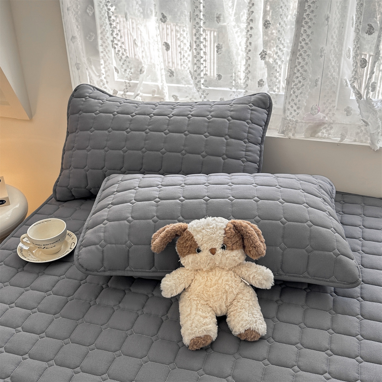 91家纺网 家纺一手货源 找家纺 雯豆家纺 2025新款简约水洗棉夹棉床笠-雅韵 雅韵-深空灰