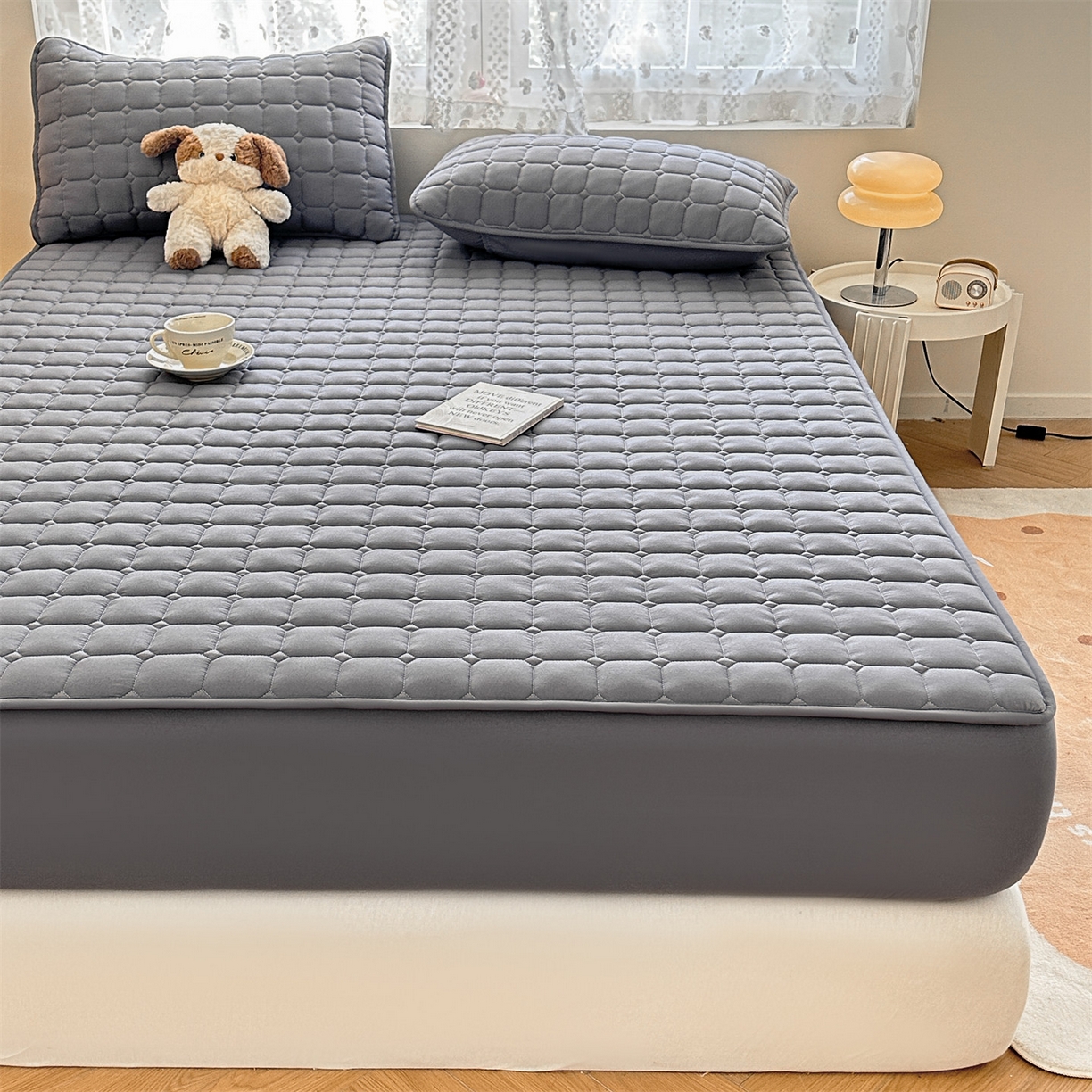 91家纺网 家纺一手货源 找家纺 雯豆家纺 2025新款简约水洗棉夹棉床笠-雅韵 雅韵-深空灰