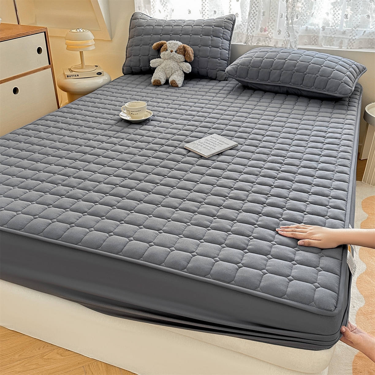 91家纺网 家纺一手货源 找家纺 雯豆家纺 2025新款简约水洗棉夹棉床笠-雅韵 雅韵-深空灰