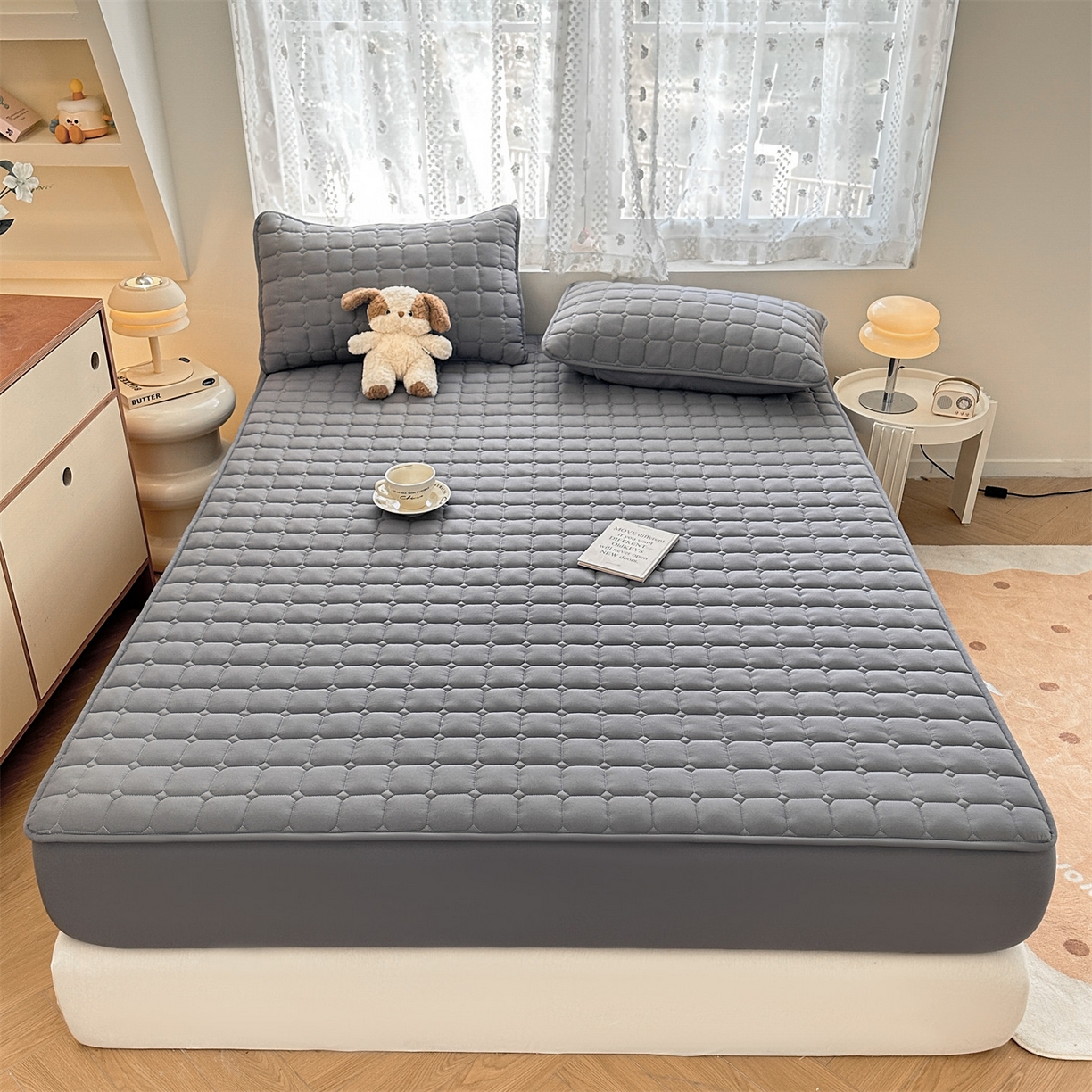 91家纺网 家纺一手货源 找家纺 雯豆家纺 2025新款简约水洗棉夹棉床笠-雅韵 雅韵-深空灰