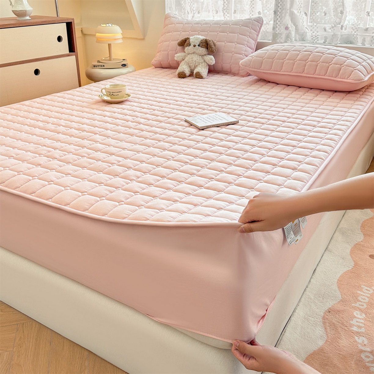 91家纺网 家纺一手货源 找家纺 雯豆家纺 2025新款简约水洗棉夹棉床笠-雅韵 雅韵-密合粉