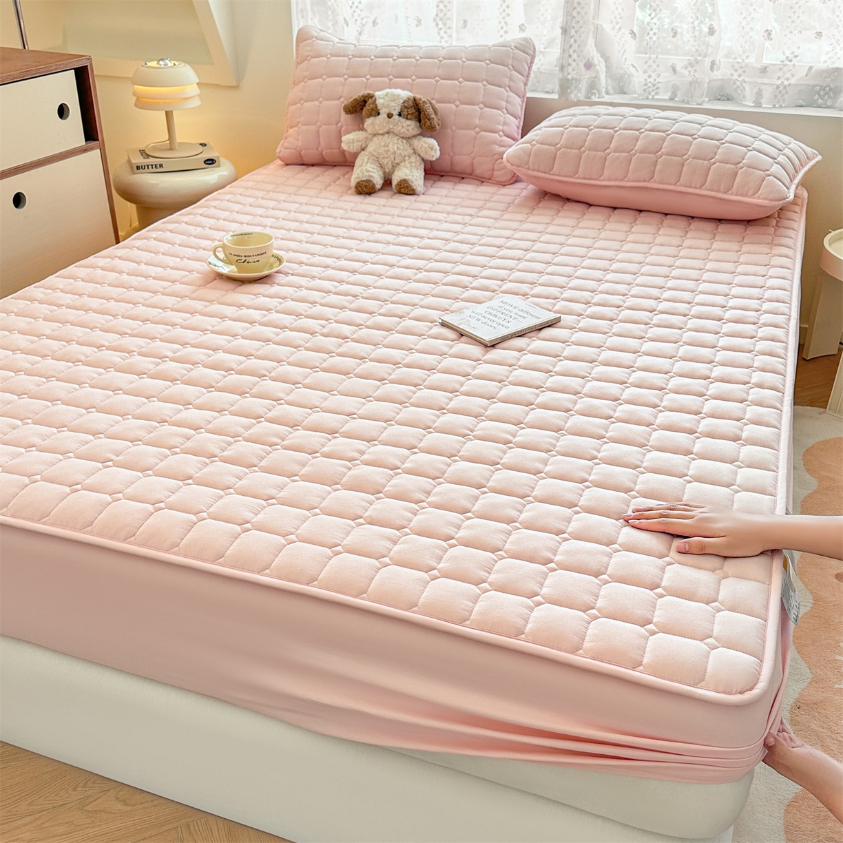 91家纺网 家纺一手货源 找家纺 雯豆家纺 2025新款简约水洗棉夹棉床笠-雅韵 雅韵-密合粉