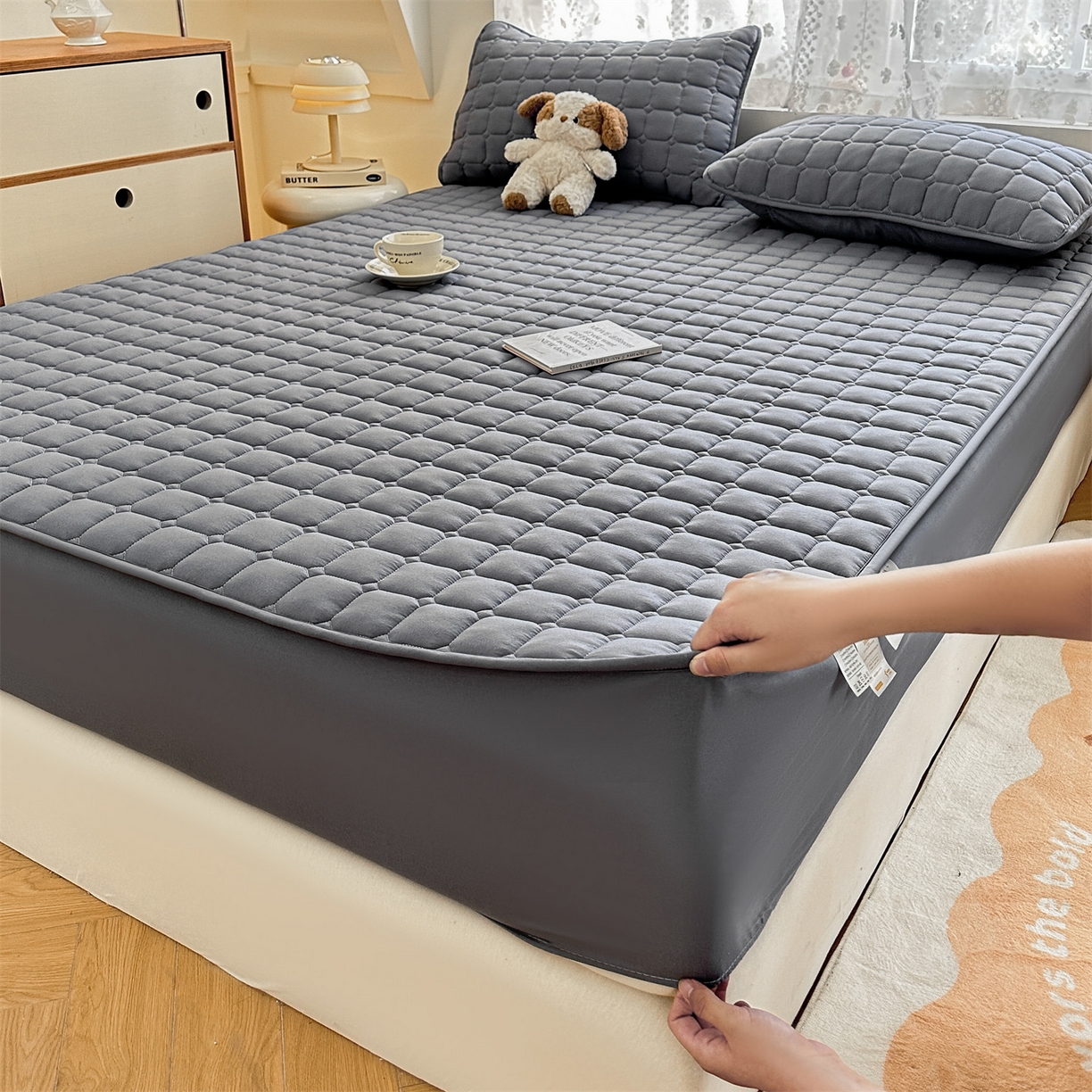 91家纺网 家纺一手货源 找家纺 雯豆家纺 2025新款简约水洗棉夹棉床笠-雅韵 雅韵-深空灰