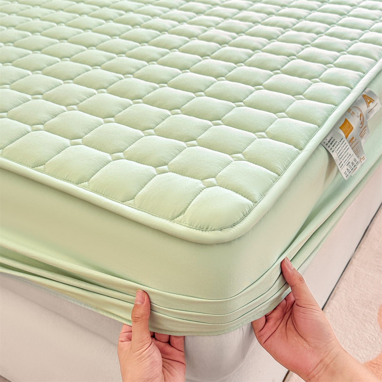 91家纺网 家纺一手货源 找家纺 雯豆家纺 2025新款简约水洗棉夹棉床笠-雅韵 雅韵-清雅绿