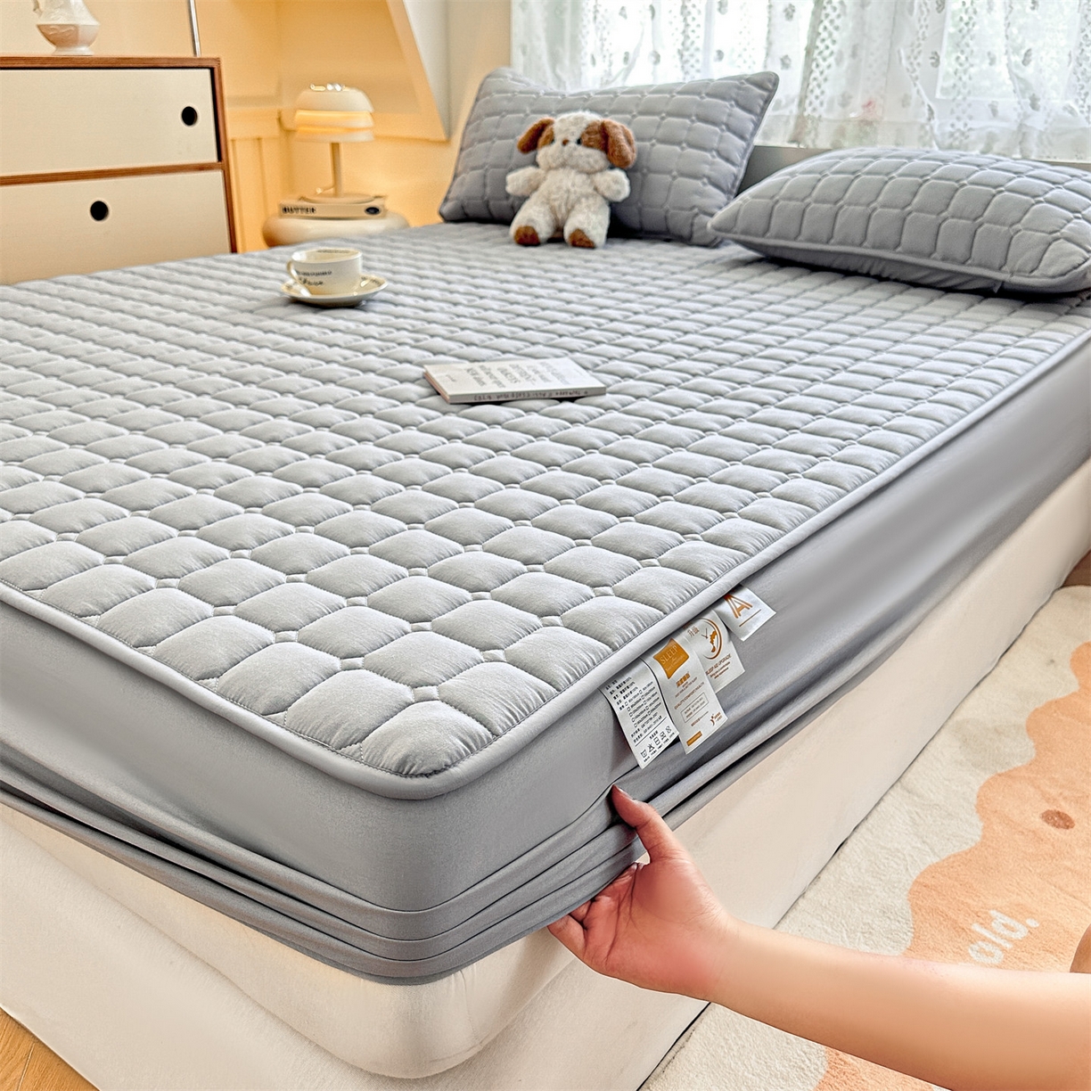 91家纺网 家纺一手货源 找家纺 雯豆家纺 2025新款简约水洗棉夹棉床笠-雅韵 雅韵-暮云灰