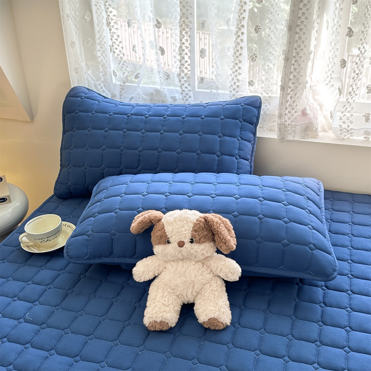 91家纺网 家纺一手货源 找家纺 雯豆家纺 2025新款简约水洗棉夹棉床笠-雅韵 雅韵-黛蓝