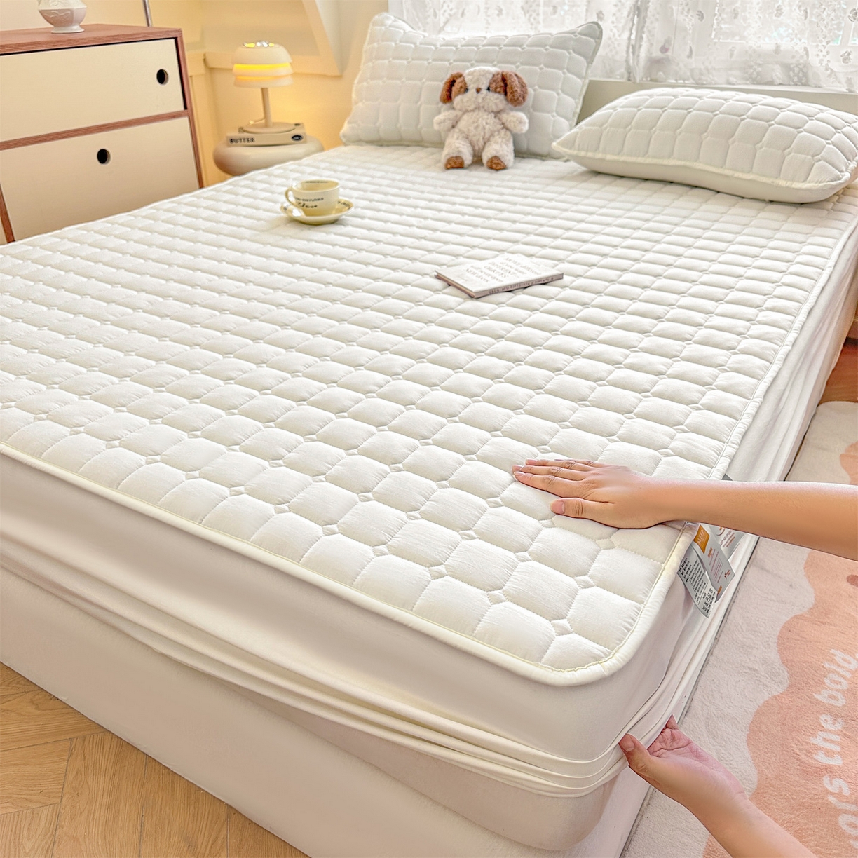 雯豆家纺 2025新款简约水洗棉夹棉床笠-雅韵 雅韵-月光白