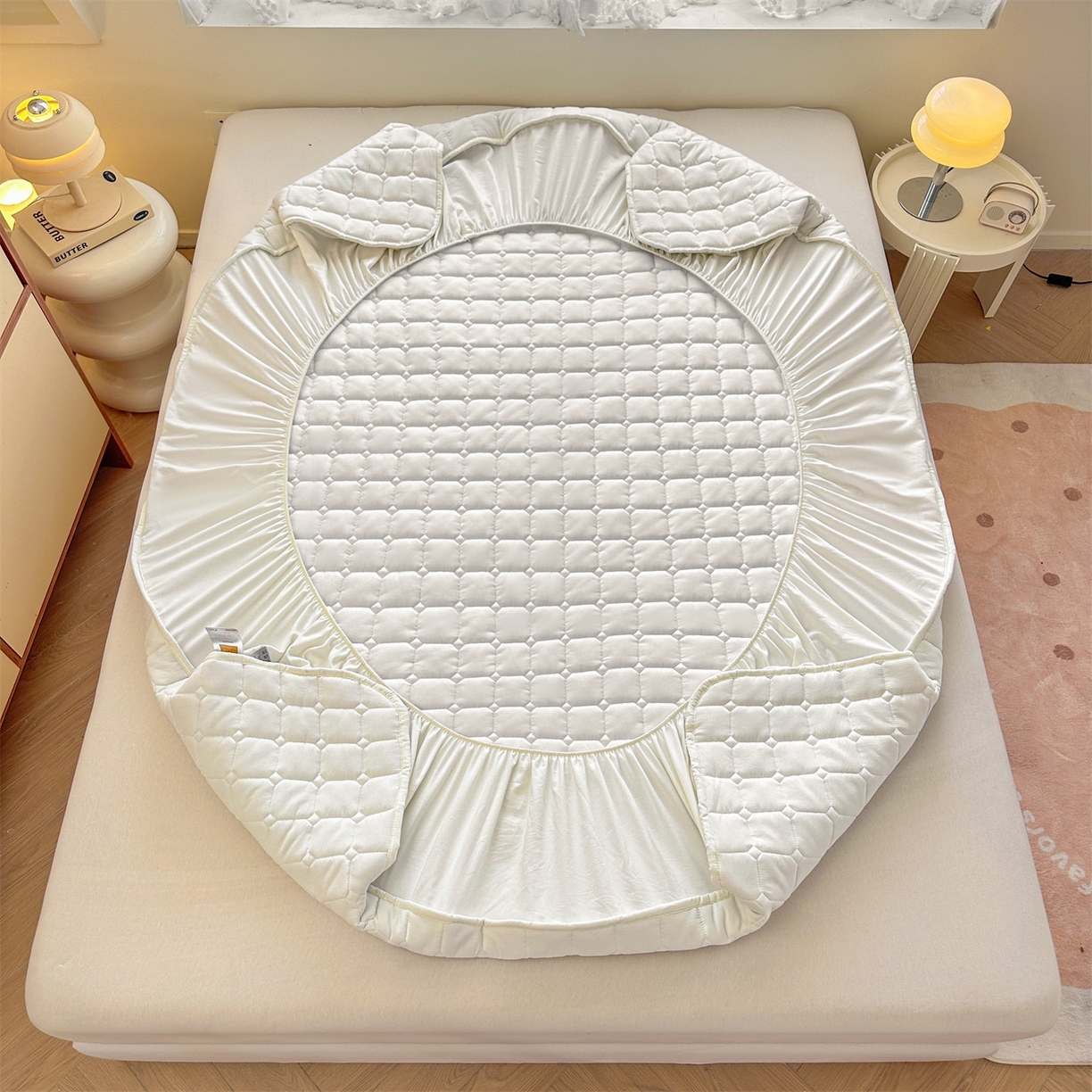 91家纺网 家纺一手货源 找家纺 雯豆家纺 2025新款简约水洗棉夹棉床笠-雅韵 雅韵-月光白