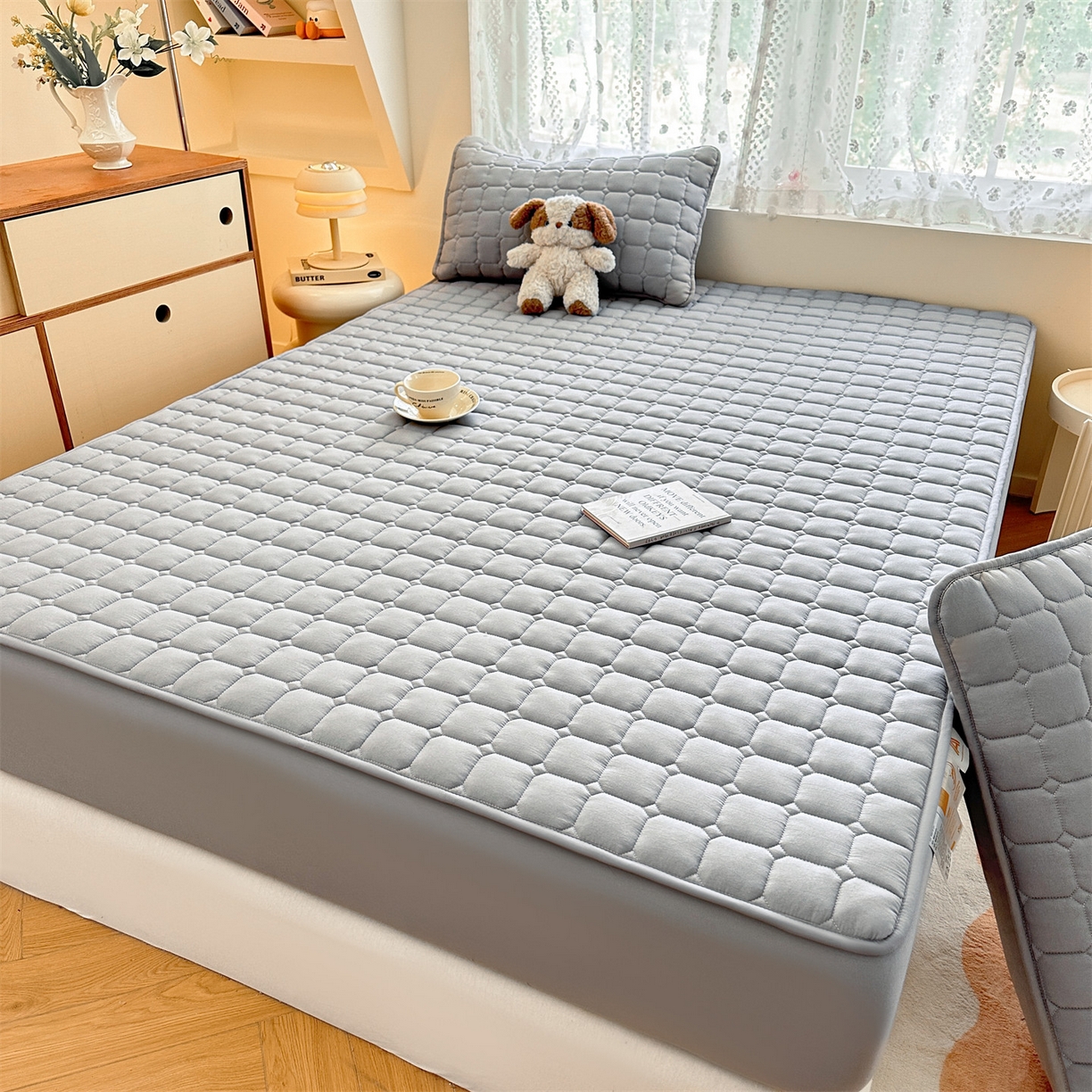 91家纺网 家纺一手货源 找家纺 雯豆家纺 2025新款简约水洗棉夹棉床笠-雅韵 雅韵-暮云灰